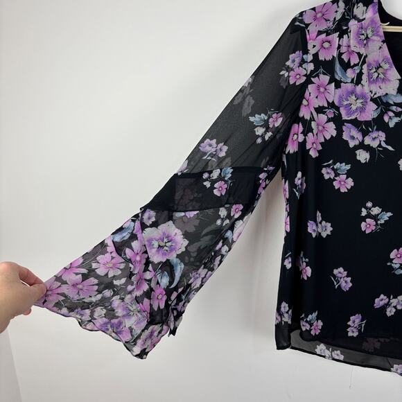 Nanette Lepore Zen Floral Silk Blouse Black Pink Sheer Large Fairy Feminine - Picture 9 of 15